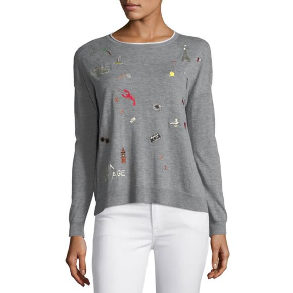 Joie Eloisa B Crewneck Travel Embroidered Grey Sweater - Picture 1 of 11